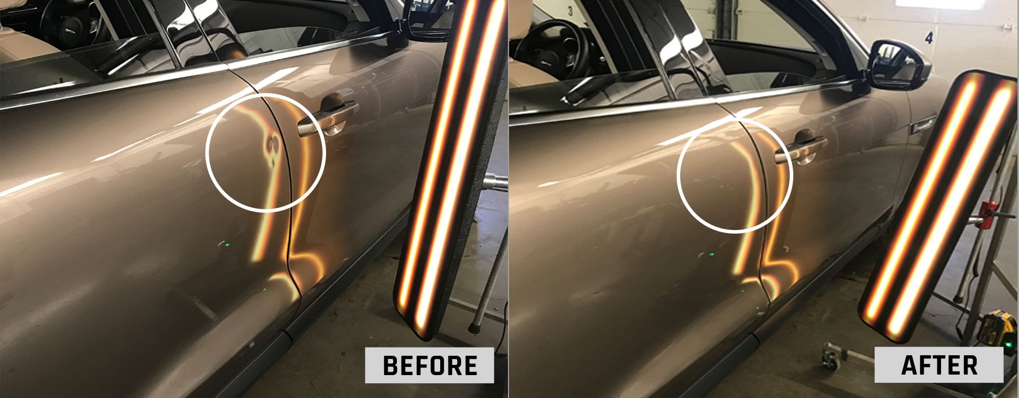 Before and after paintless dent repair on a Jaguar F-Pace
