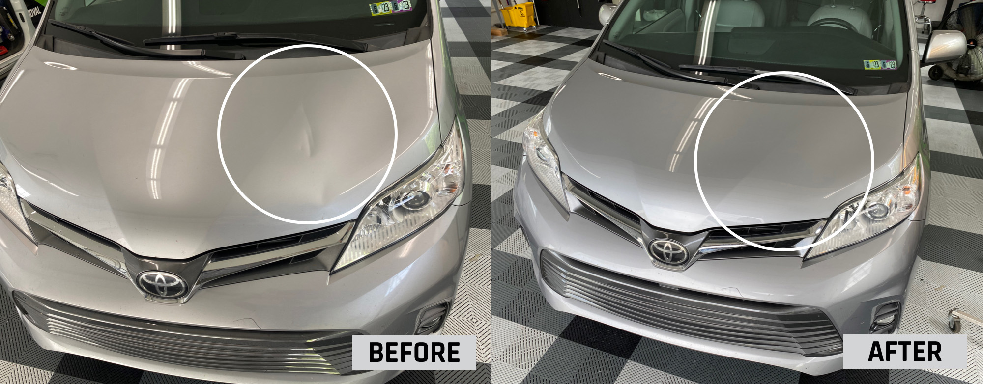 Before and after paintless dent repair showing crease repair results